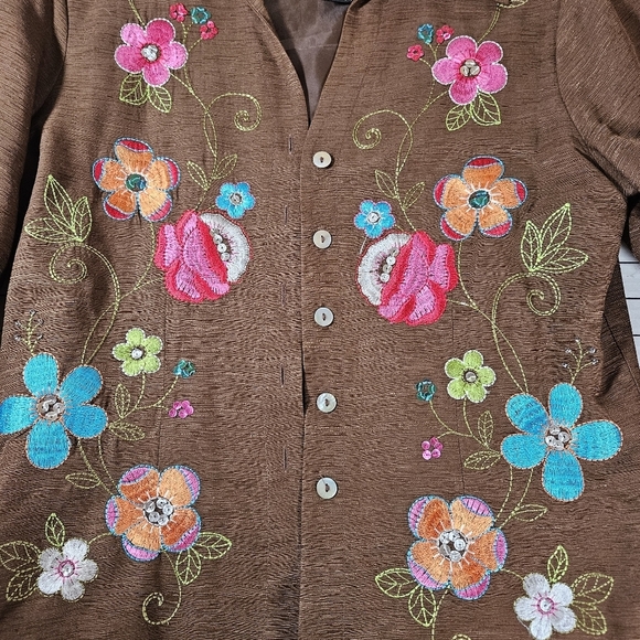 Silkland Embroidered Silk Blazer,  Size Small,  Brown with Floral Design - Picture 5 of 9